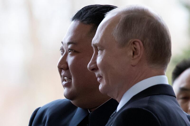 Russian President Vladimir Putin, right, and North Korea's leader Kim Jong Un pose for a photo prior to their talks in Vladivostok, Russia, Thursday, April 25, 2019. Alexander Zemlianichenko/Pool via REUTERS