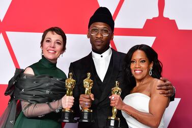 Best Actress winner for 'The Favourite' Olivia Colman, Best Supporting Actor winner for 'Green Book' Mahershala Ali and, Best Supporting Actress winner for 'If Beale Street Could Talk' Regina King, and pose in the press room with their Oscars following the 91st Annual Academy Awards. AFP 