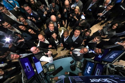 Uber Technologies Inc. CEO Dara Khosrowshahi, co-founders Ryan Graves and Garrett Camp, Chief Financial Officer Nelson Chai and NYSE President Stacey Cunningham pose together during the company's IPO on the floor of the New York Stock Exchange (NYSE) in New York, U.S., May 10, 2019. REUTERS/Brendan McDermid