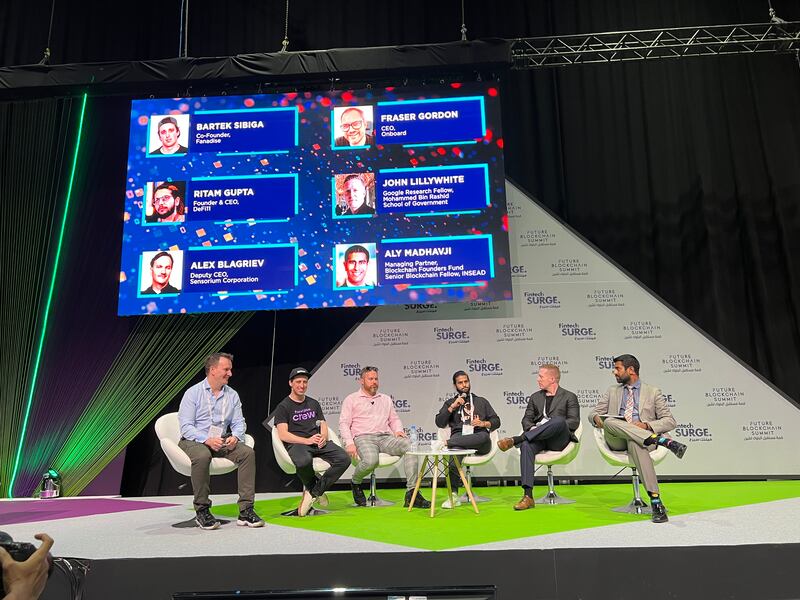A panel discussion on blockchain and gaming at Gitex Global in Dubai. Alvin R. Cabral / The National