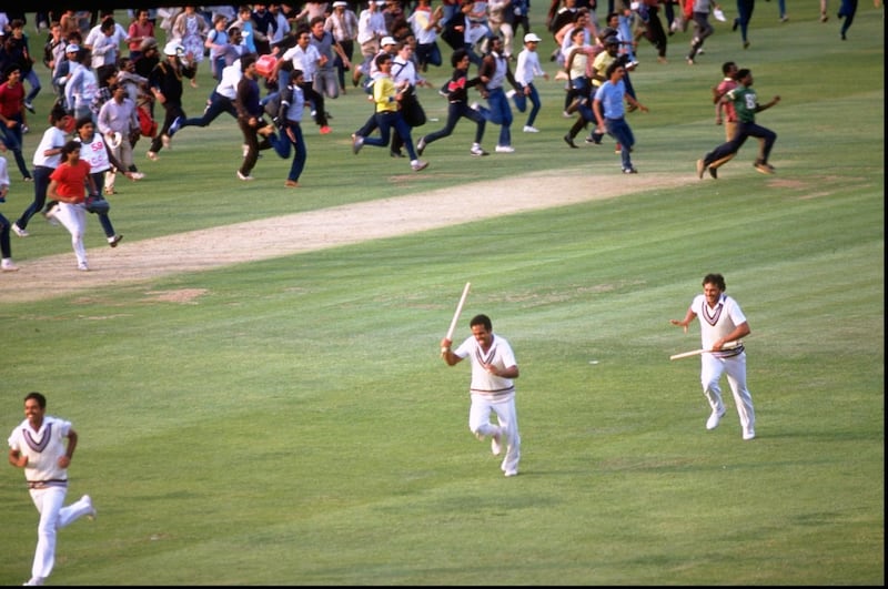 Jun 1983:  The stumps are gathered up at the moment of victory for India during the World Cup final against the West Indies at Lord's in London. India won the match by 43 runs. \ Mandatory Credit: Adrian  Murrell/Allsport