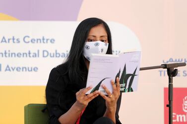 Avni Doshi reading parts of her Booker-nominated book 'Burnt Sugar' at the Emirates Airline Festival of Literature at the Jameel Arts Centre. Chris Whiteoak / The National