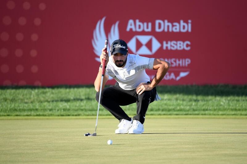 ABU DHABI, UNITED ARAB EMIRATES - JANUARY 18: Francesco Laporta of Italy lines up a putt on the eighteenth green during Day Three of the Abu Dhabi HSBC Championship at Abu Dhabi Golf Club on January 18, 2020 in Abu Dhabi, United Arab Emirates. (Photo by Ross Kinnaird/Getty Images)