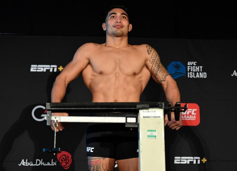 ABU DHABI, UNITED ARAB EMIRATES - JANUARY 15: Punahele Soriano poses on the scale during the UFC weigh-in at Etihad Arena on UFC Fight Island on January 15, 2021 in Abu Dhabi, United Arab Emirates. (Photo by Jeff Bottari/Zuffa LLC)