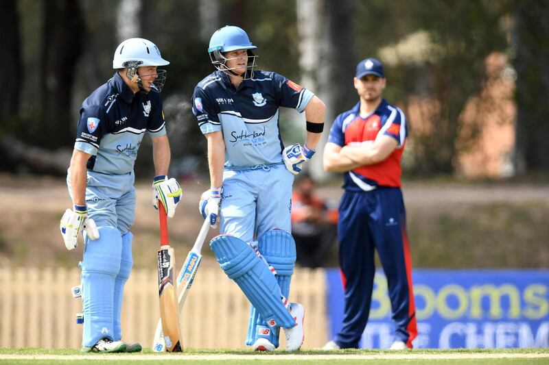 epa07038458 Sutherland batsman Steve Smith (C) at the crease during a match against Mosman at Glenn McGrath Oval in Sydney, Australia, 22 September 2018.  EPA/JOEL CARRETT EDITORIAL USE ONLY AUSTRALIA AND NEW ZEALAND OUT