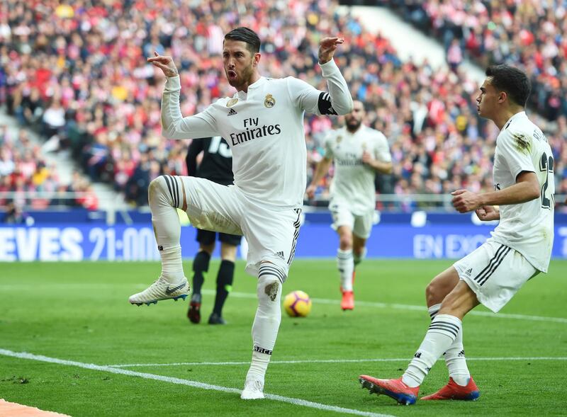 MADRID, SPAIN - FEBRUARY 09:  Sergio Ramos of Real Madrid celebrates after scoring his team's second goal from a penalty during the La Liga match between Club Atletico de Madrid and Real Madrid CF at Wanda Metropolitano on February 09, 2019 in Madrid, Spain. (Photo by Denis Doyle/Getty Images)