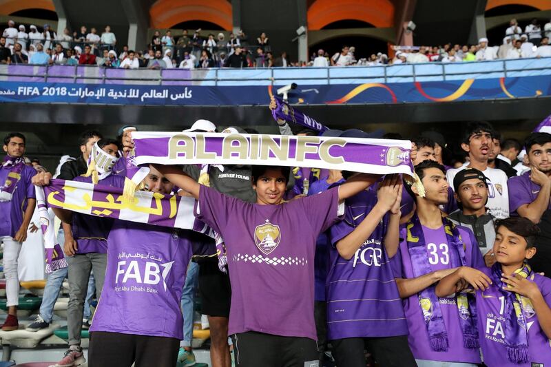 Abu Dhabi, United Arab Emirates - December 22, 2018: Al Ain fans before the match between Real Madrid and Al Ain at the Fifa Club World Cup final. Saturday the 22nd of December 2018 at the Zayed Sports City Stadium, Abu Dhabi. Chris Whiteoak / The National