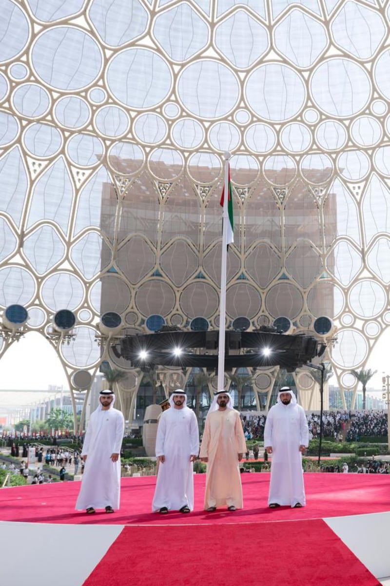 Sheikh Mohammed and Sheikh Hamdan attend Expo 2020 on UAE Flag Day. Photo: Dubai Media Office