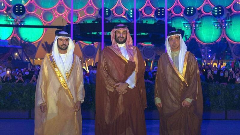 From left. Sheikh Hamdan bin Mohammed, Crown Prince of Dubai, Crown Prince Mohammed bin Salman and Sheikh Mansour bin Zayed, Deputy Prime Minister and Minister of Presidential Affairs at Expo 2020 Dubai. Photo: Dubai Media Office