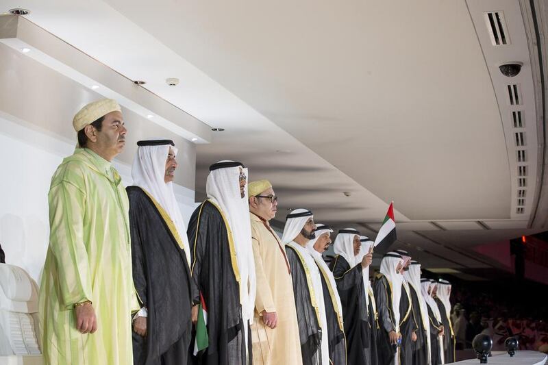 Moulay Rachid Prince of Morocco, HH Sheikh Hamad bin Mohamed Al Sharqi, UAE Supreme Council Member and Ruler of Fujairah, HH Sheikh Mohamed bin Zayed Al Nahyan, Crown Prince of Abu Dhabi and Deputy Supreme Commander of the UAE Armed Forces, HM King Mohamed VI of Morocco, HH Sheikh Mohamed bin Rashid Al Maktoum, Vice-President, Prime Minister of the UAE and Ruler of Dubai, HH Sheikh Humaid bin Rashid Al Nuaimi, UAE Supreme Council Member and Ruler of Ajman, HH Sheikh Saud bin Saqr Al Qasimi, UAE Supreme Council Member and Ruler of Ras Al Khaimah and other dignitaries attend the 44th UAE National Day celebrations at Zayed Sports City. Mohamed Al Hammadi / Crown Prince Court - Abu Dhabi