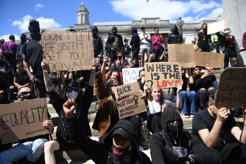 A Black Lives Matter protest in Trafalgar square during a Black lives matter demonstration in London, Britain.  Protesters gathered to express their feelings in regard to the death of 46 year old George Floyd while in police custody.  EPA