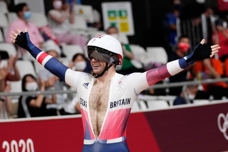Jason Kenny of Team Britain after winning the gold medal in the track cycling men's keirin.