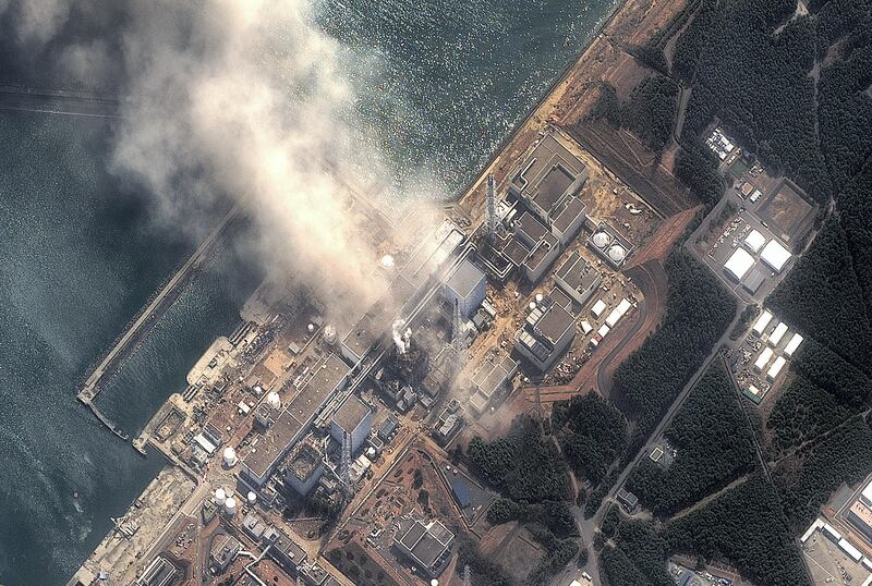 FUTABA, JAPAN - MARCH 14:  In this satellite view, the Fukushima Dai-ichi Nuclear Power plant after a massive earthquake and subsequent tsunami on March 14, 2011 in Futaba, Japan. Two explosions the nuclear power station one today and the first two days ago at a different reactor housing unit. Japanese officials said cooling systems have also failed at a third reactor as a result of an earthquake measuring 8.9 on the Richter scale that hit the northeast coast of Japan on March 11, 2011 and tsunami that knocked out electricity to much of the region.  (Photo by DigitalGlobe via Getty Images)