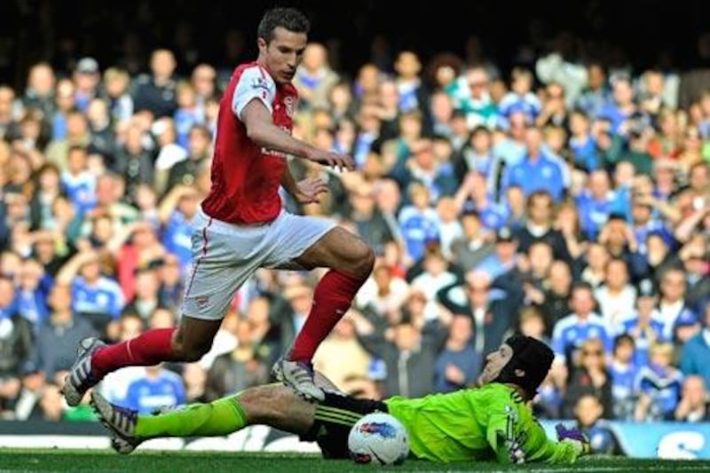 Robin van Persie completed his hat-trick against Chelsea, after a John Terry slip left him one-on-one with Petr Cech.