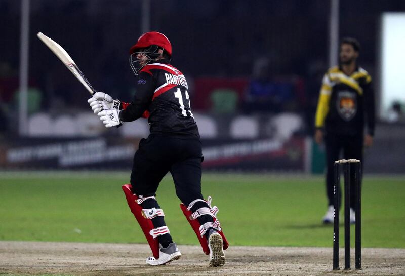 Ajman, United Arab Emirates - Reporter: Paul Radley. Sport. Cricket. Panther's Ronak Panoly bats during the game between Panthers vs Tigers in the Karwan Rising Stars F40 Final. Thursday, February 11th, 2021. Ajman. Chris Whiteoak / The National