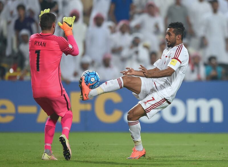 UAE striker Al Mabkhout, right, could not find a way past Australia during their 2018 World Cup qualifier at Mohammed bin Zayed Stadium in Abu Dhabi on Tuesday, September 6, 2016. Tom Dulat / Getty Images