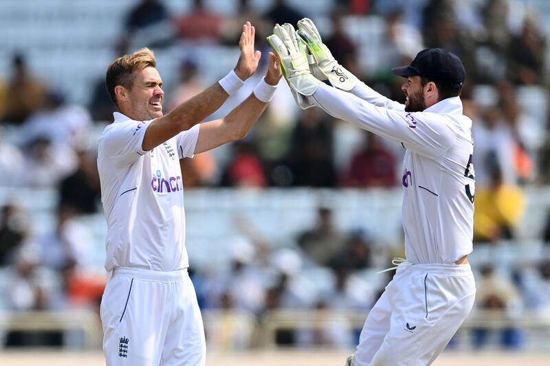 England's James Anderson celebrates with Ben Foakes after dismissing Kuldeep Yadav of India. Getty Images