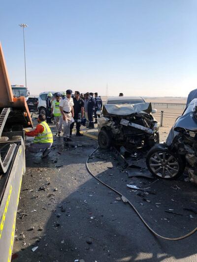 The aftermath of a collision between 44 vehicles on Sheikh Mohammed Bin Rashid Street due to fog and low vision. Abu Dhabi Police
