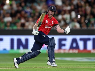 MELBOURNE, AUSTRALIA - NOVEMBER 13: Ben Stokes of England celebrates victory following during the ICC Men's T20 World Cup Final match between Pakistan and England at the Melbourne Cricket Ground on November 13, 2022 in Melbourne, Australia. (Photo by Cameron Spencer / Getty Images)