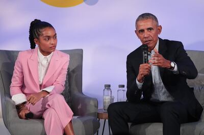 CHICAGO, ILLINOIS - OCTOBER 29: Former U.S. President Barack Obama and actress Yara Shahidi speak to guests at the Obama Foundation Summit on the campus of the Illinois Institute of Technology on October 29, 2019 in Chicago, Illinois. The Summit is an annual event hosted by the Obama Foundation.   Scott Olson/Getty Images/AFP
== FOR NEWSPAPERS, INTERNET, TELCOS & TELEVISION USE ONLY ==
