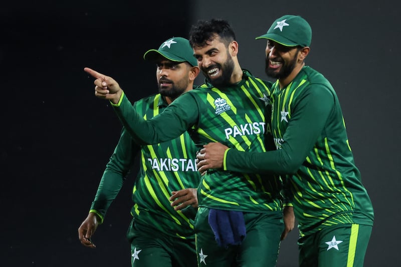 Pakistan’s Shadab Khan, centre, starred with bat and ball to help seal victory over South Africa at the T20 World Cup in Sydney on Thursday, November 3, 2022. AFP