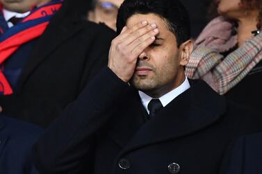 Paris Saint-Germain's Qatari president Nasser Al Khelaifi reacts during the UEFA Champions League round of 16 second leg football match between Paris Saint-Germain and Real Madrid on March 6, 2018, at the Parc des Princes stadium in Paris. Franck Fife / AFP