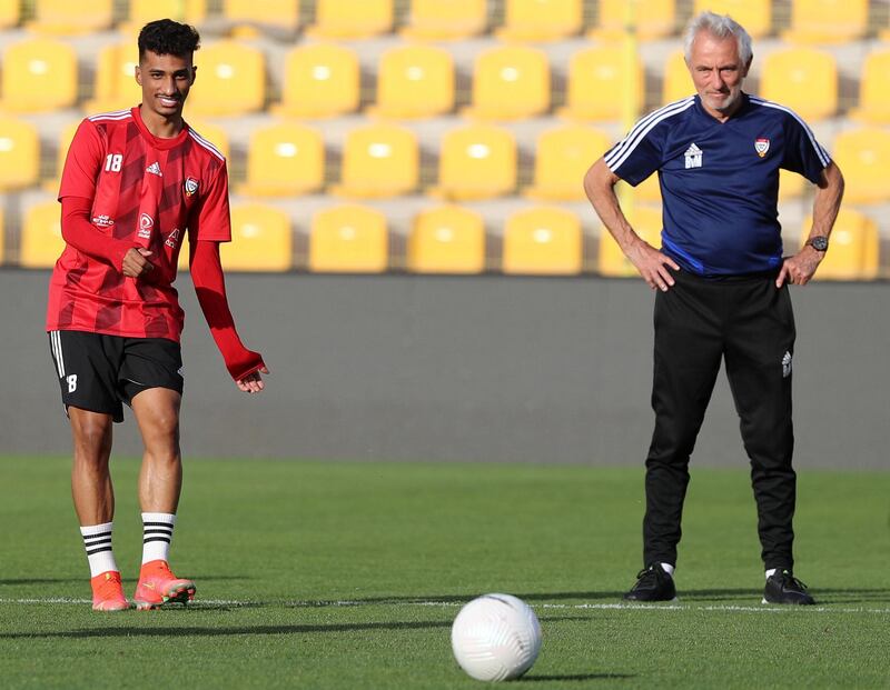 Dubai, United Arab Emirates - Reporter: John McAuley. Sport. Football. UAE player Abdullah Ramadan during a training session at Zabeel Stadium, Dubai. Saturday, March 27th, 2021. Dubai. Chris Whiteoak / The National