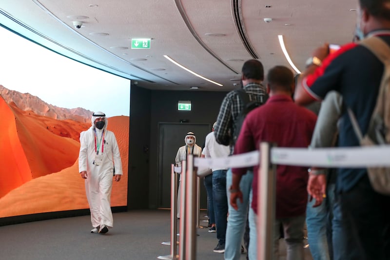 Visitors line up inside the Saudi Arabia pavilion at Expo 2020 Dubai. Khushnum Bhandari / The National