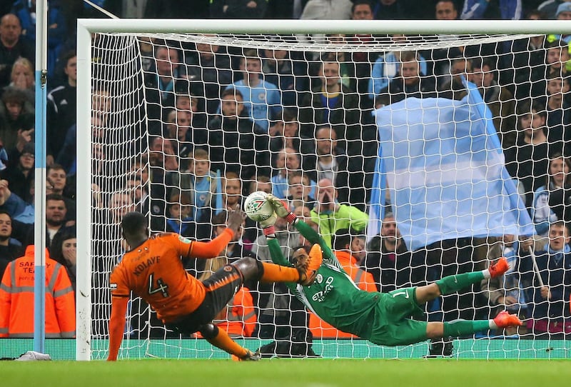 MANCHESTER, ENGLAND - OCTOBER 24:  Claudio Bravo of Manchester City saves penalty during the Carabao Cup Fourth Round match between Manchester City and Wolverhampton Wanderers at Etihad Stadium on October 24, 2017 in Manchester, England.  (Photo by Alex Livesey/Getty Images)