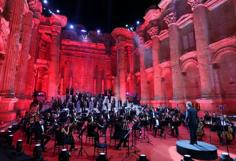Lebanese maestro Harout Fazlian stands on stage before the start of "Sound of Resilience" concert of the Baalbeck music festival, which was broadcast live with no audience, in Baalbeck, Lebanon. Reuters
