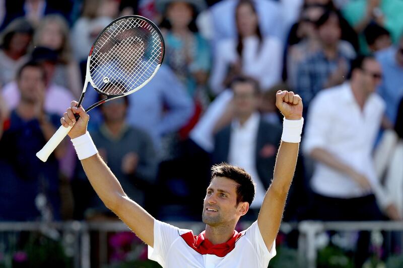 LONDON, ENGLAND - JUNE 22:  Novak Djokovic of Serbia celebrates his win during his men's singles quarterfinal match against Adrian Mannarino of France on Day Five of the Fever-Tree Championships at Queens Club on June 22, 2018 in London, United Kingdom.  (Photo by Matthew Stockman/Getty Images)