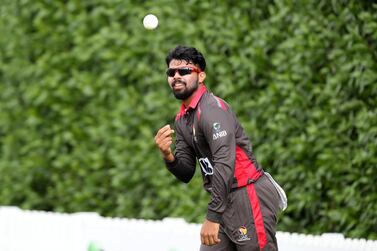 Basil Hameed of UAE during the World Cup League 2 match against USA at the ICC Academy in Dubai. Pawan Singh / The National 