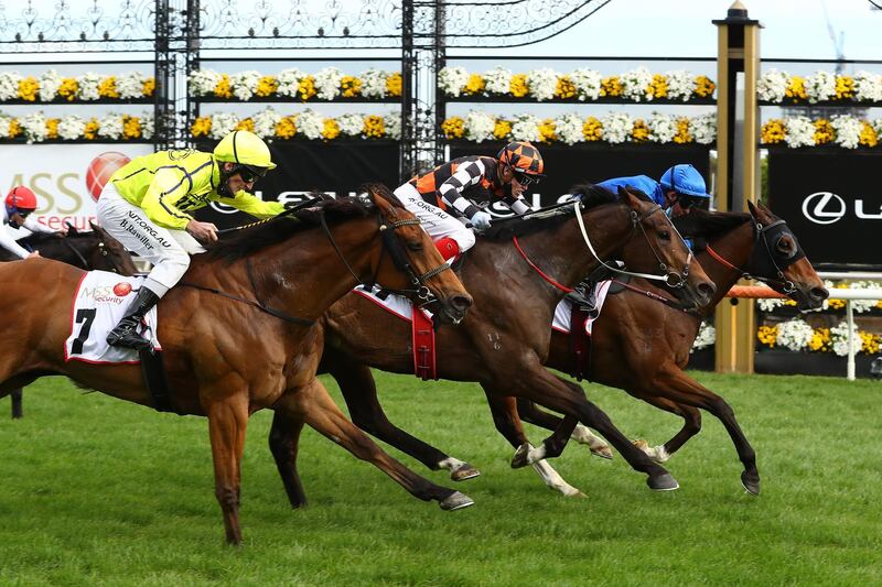 Kerrin McEvoy riding Exhilarates wins the Mss Security Sprint during 2020 Lexus Melbourne Cup Day. Getty Images for the VRC