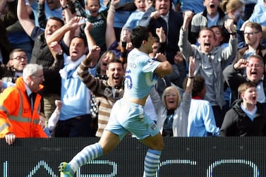 File photo dated 13-05-2012 of Manchester City's Sergio Aguero celebrates scoring the match-winning goal against QPR. PA