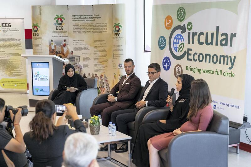 DUBAI, UNITED ARAB EMIRATES. 29 AUGUST 2018. The 4th panel discussion organised by the Emirates Environmental Group (EEG), in cooperation with the Arabia CSR Network (ACSRN), the Emirates Green Building Council (EGBC), Clean Energy Business Council (CEBC), and in association with the United Nations Environment Programme (UNEP), on the topic of “Circular Economy: Bringing Waste Full Circle”. Speaker: Speakers LtoR: Mr Matteo Boffa (GM and Co-Founder ETUIX),  Dr Sassan Khatib-Shahidi (Co-Founder and CEO German Imaging Technologies), Ms Heba Saleh Abdulhameed Akasha (Engineer at Emirates Global Aluminium) and Ms Sonya Benjamin (Senior Environment Consultant AESG). Moderating is Mrs Habiba Al Mar’ashi, Chairperson, Emirates Enviromental Group. (Photo: Antonie Robertson/The National) Journalist: Patrick Ryan. Section: National.