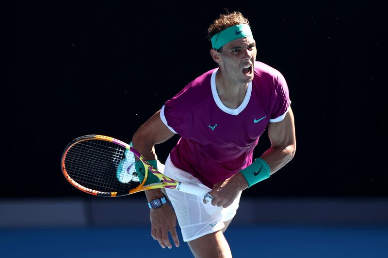 Rafael Nadal of Spain serves in his first round singles match against Marcos Giron of United States. Getty Images