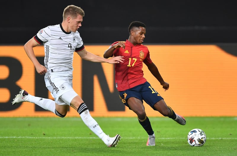 Matthias Ginter (L) of Germany in action against Ansu Fati of Spain during the Uefa Nations League match in Stuttgart. EPA