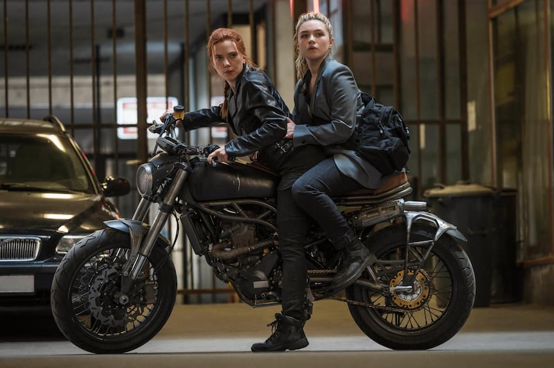 Scarlett Johansson as Black Widow/Natasha Romanoff and Florence Pugh as Yelena in Marvel Studios' BLACK WIDOW. Photo by Jay Maidment. ©Marvel Studios 2020. All Rights Reserved.