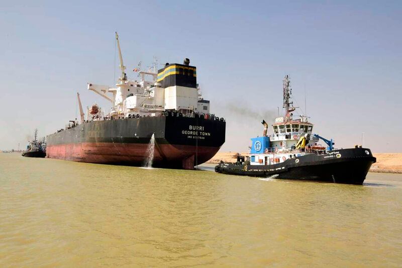 The Burri was moved by tugboat in the Suez Canal after a collision with the BW Lesmes.  AP