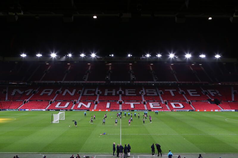 Barcelona players attend a training session at Old Trafford. EPA