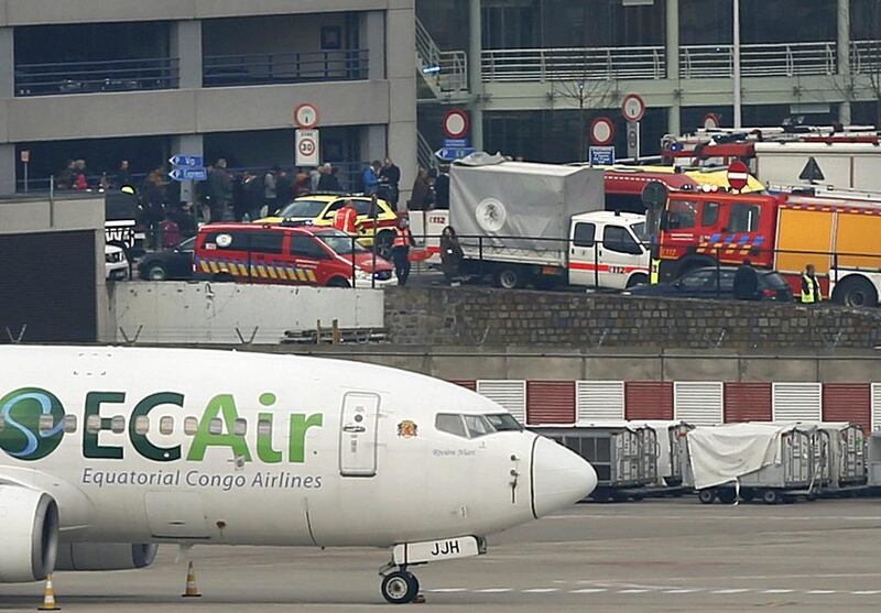 Emergency services at the scene of explosions at Zaventem airport near Brussels, Belgium, on Tuesday. Francois Lenoir / Reuters