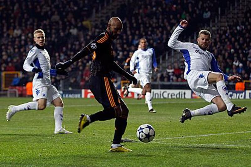 Chelsea’s Nicolas Anelka, centre, has a shot on goal during their 2-0 Champions League win in Copenhagen.
