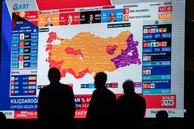 Supporters of Kemal Kilicdaroglu watch the early exit polls on screen at the Republican People's Party headquarters on Sunday. Getty Images
