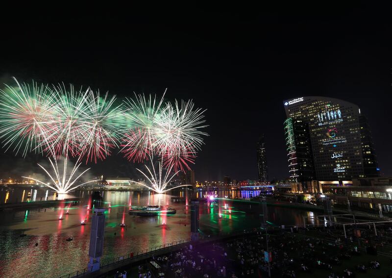 Dubai, United Arab Emirates - December 02, 2020: National Day. Fireworks go off at Dubai festival city to celebrate the 49th National day. Wednesday, December 2nd, 2020 in Dubai. Chris Whiteoak / The National