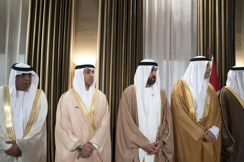 AMMAN, JORDAN - November 20, 2018: (L-R) HE Matar Saif Shamsi, UAE Ambassador to Jordan, HE Yousef Al Otaiba, UAE Ambassador to the USA and Mexico, HE Mohamed Mubarak Al Mazrouei, Undersecretary of the Crown Prince Court of Abu Dhabi and HE Khaldoon Khalifa Al Mubarak, CEO and Managing Director Mubadala, Chairman of the Abu Dhabi Executive Affairs Authority and Abu Dhabi Executive Council Member, attend a MOU signing, at Al Husseiniya Palace.
( Essa Al Hammadi for the Ministry of Presidential Affairs )
---