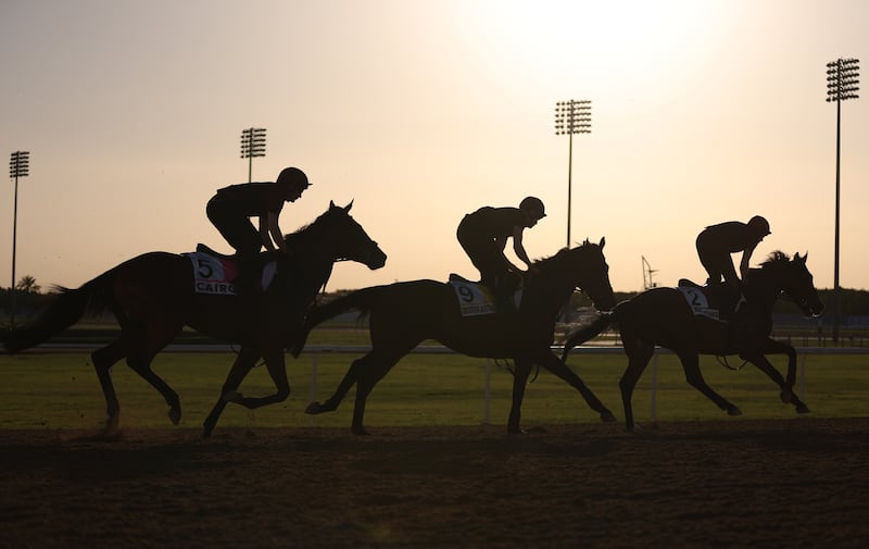 Jockeys ride their horses during preparations for the Dubai World Cup at Meydan.