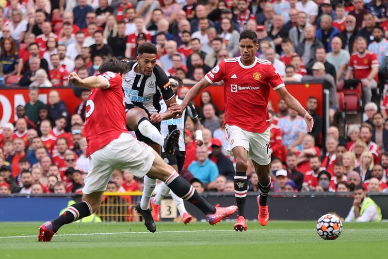 Newcastle forward Joelinton shoots during the match against Manchester United. Getty Images