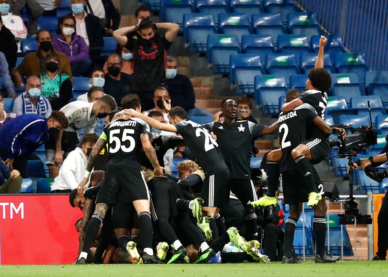 Sheriff Tiraspol's Sebastien Thill celebrates scoring their second goal. Reuters