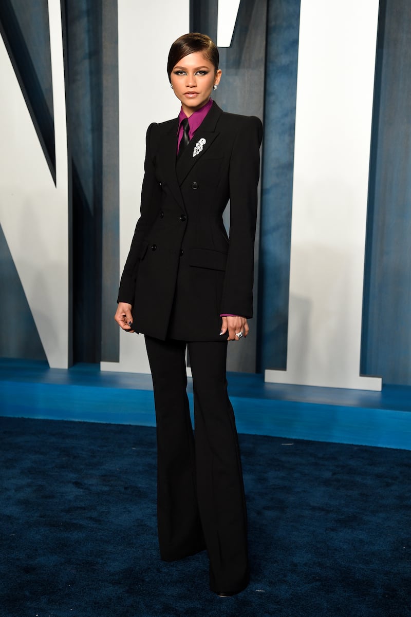 Zendaya, in Sportmax, arrives at the Vanity Fair Oscar Party on March 27, 2022. AP Photo