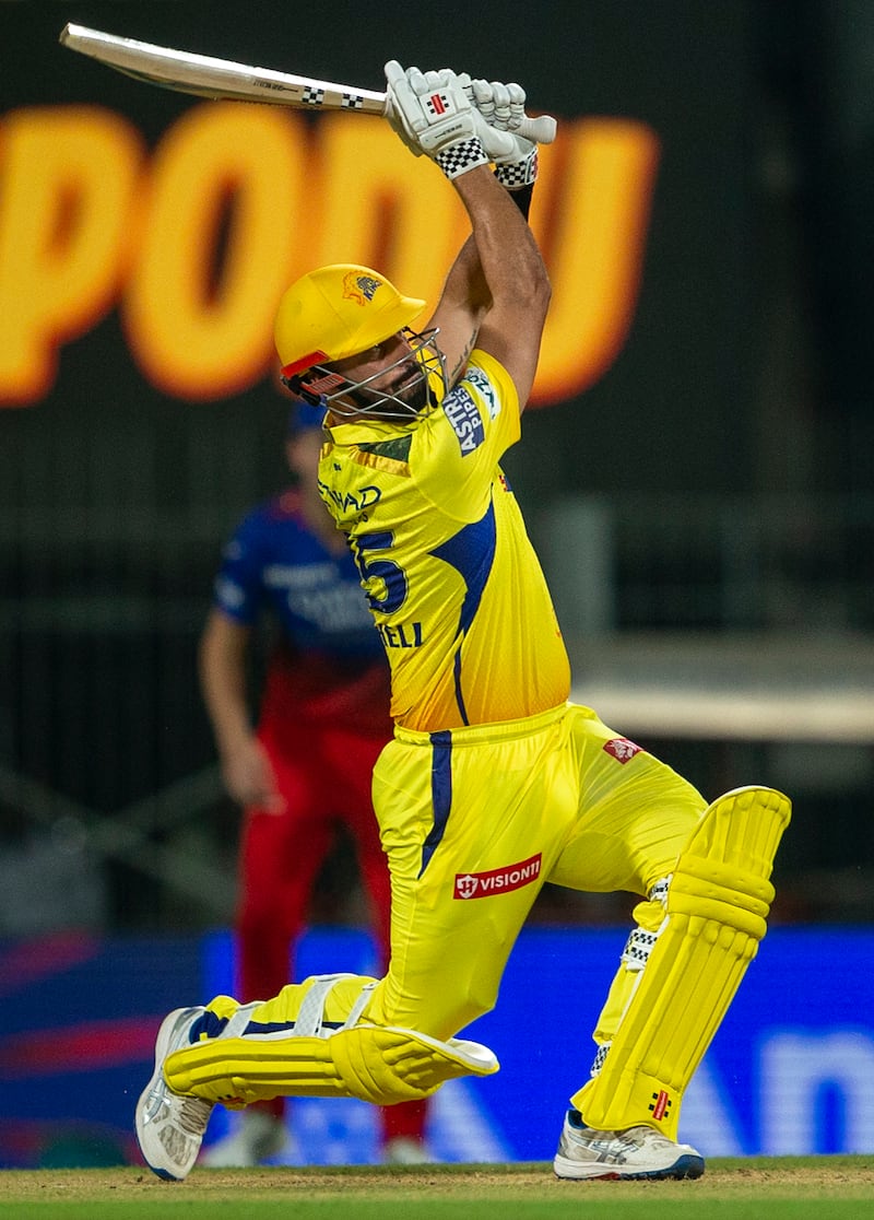 Chennai Super Kings' Daryl Mitchell hits a six as he makes 22 runs off 18 balls. AP 